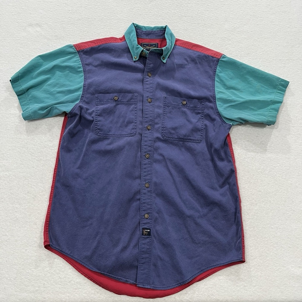 Vintage 90s Arrow Color Block Button Up Shirt Mens Medium Short Sleeve Cotton